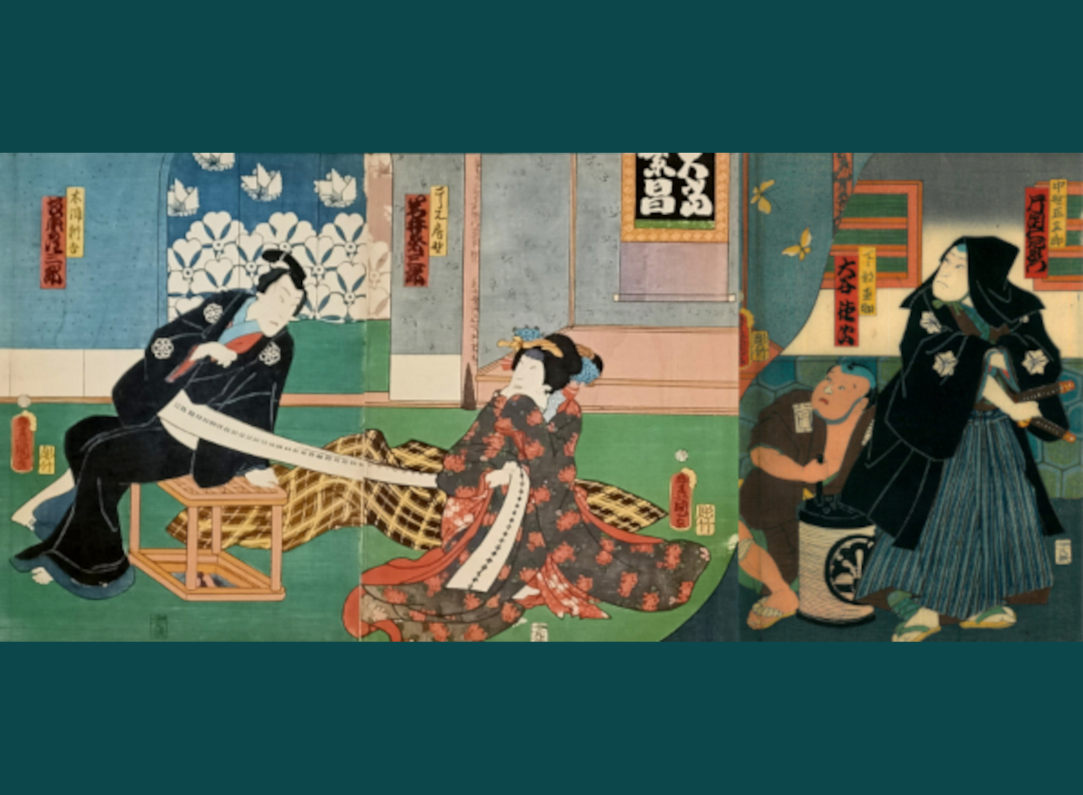 GLI ATTORI BANDO HIKOSABURO, IWAI KUMESABURO, KATAOKA NIZAEMON E OTANI TAKUJI IN SCENA